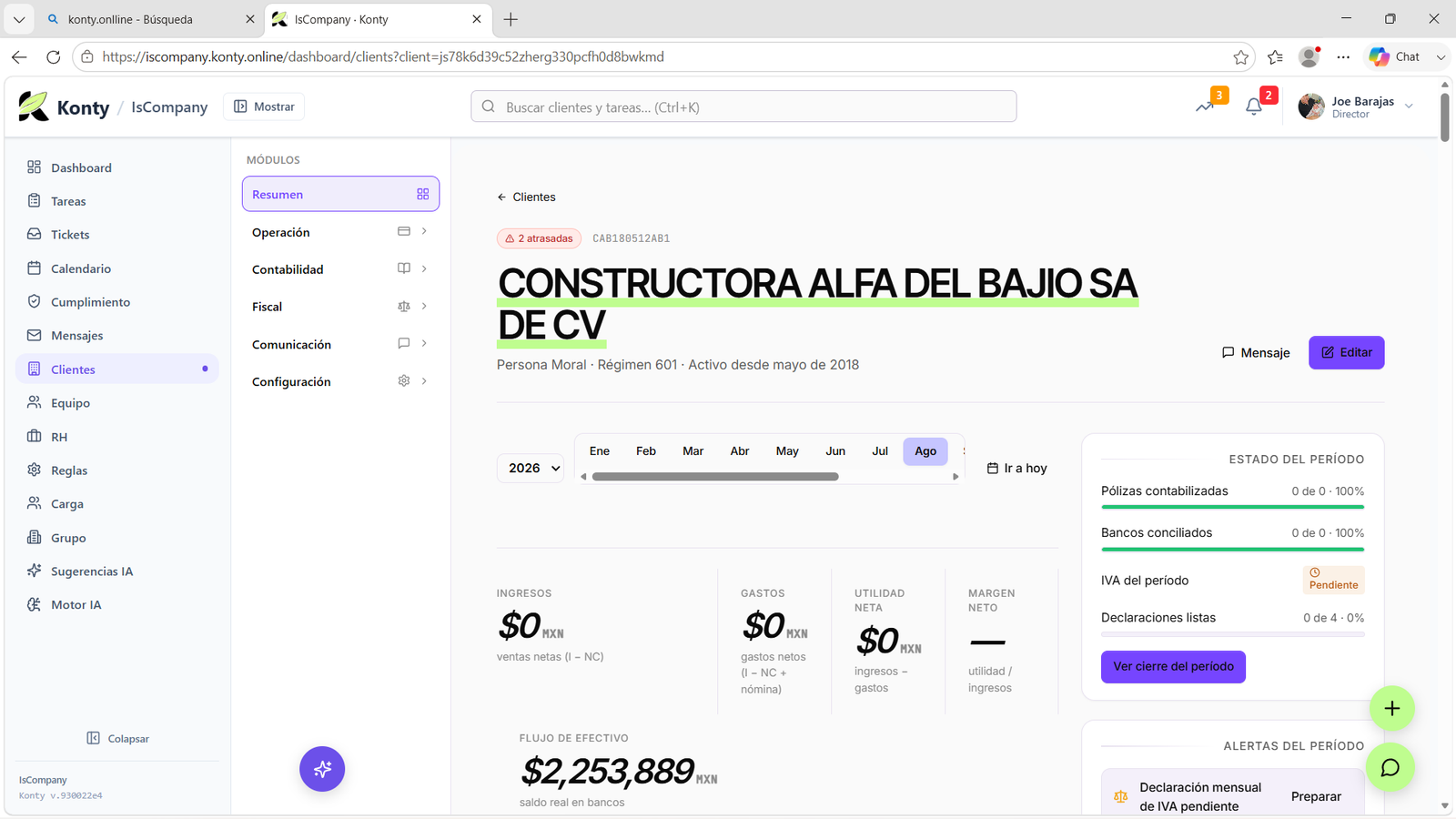 Dashboard del cliente — saldos, obligaciones y actividad de un vistazo