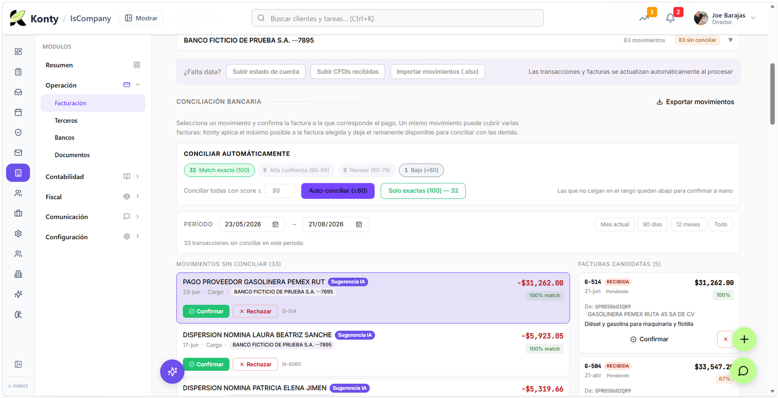 Conciliación — movimientos bancarios vs. CFDIs, anomalías marcadas